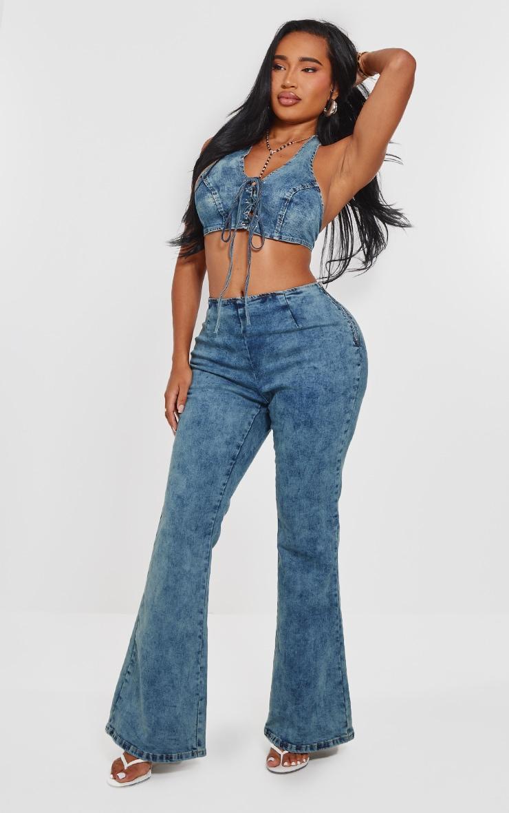 Shape Light Blue Wash Denim Halterneck Lace Up Front Crop Top Product Image