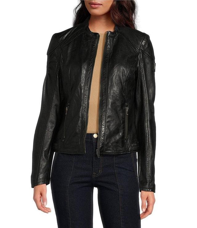 Mauritius Lamb Leather Mandarin Collar Front Zip Moto Jacket Product Image