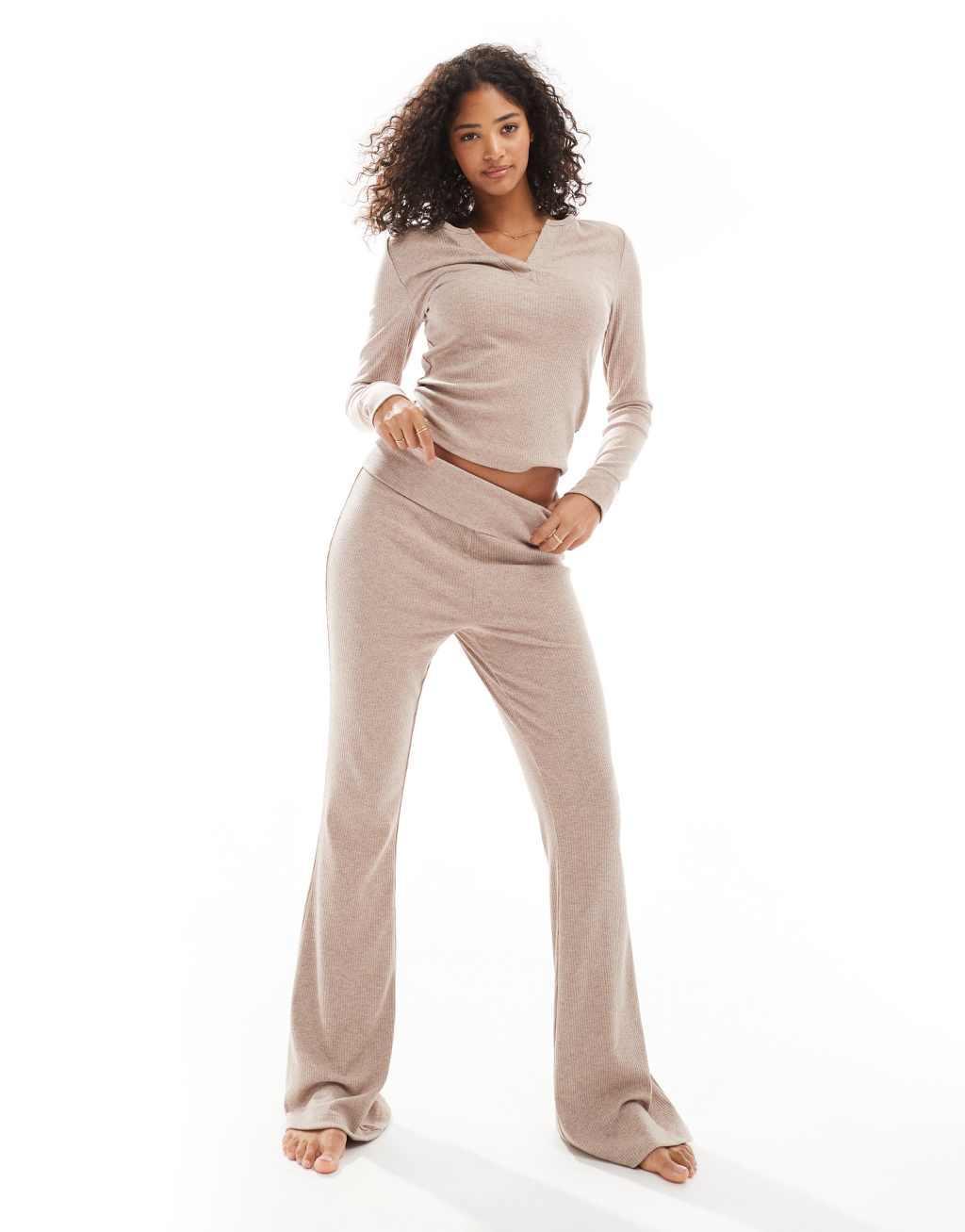 ASOS DESIGN mix & match ribbed fold over pajama pants in light brown product image