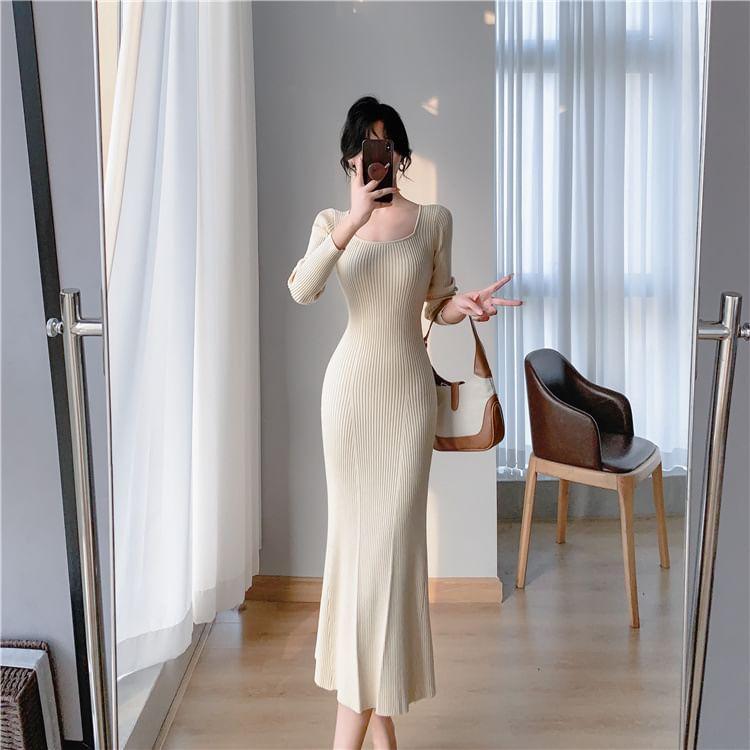 Long-Sleeve Square Neck Plain Ribbed Midi Mermaid Knit Dress Product Image