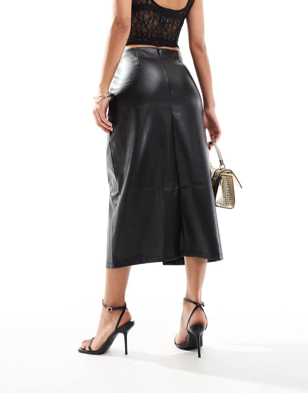 River Island utility wrap PU midi skirt in black Product Image