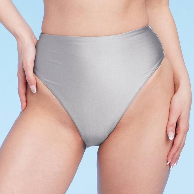 Womens High Waist High Leg Cheeky Bikini Bottom - Shade & Shore Silver Shine M Product Image