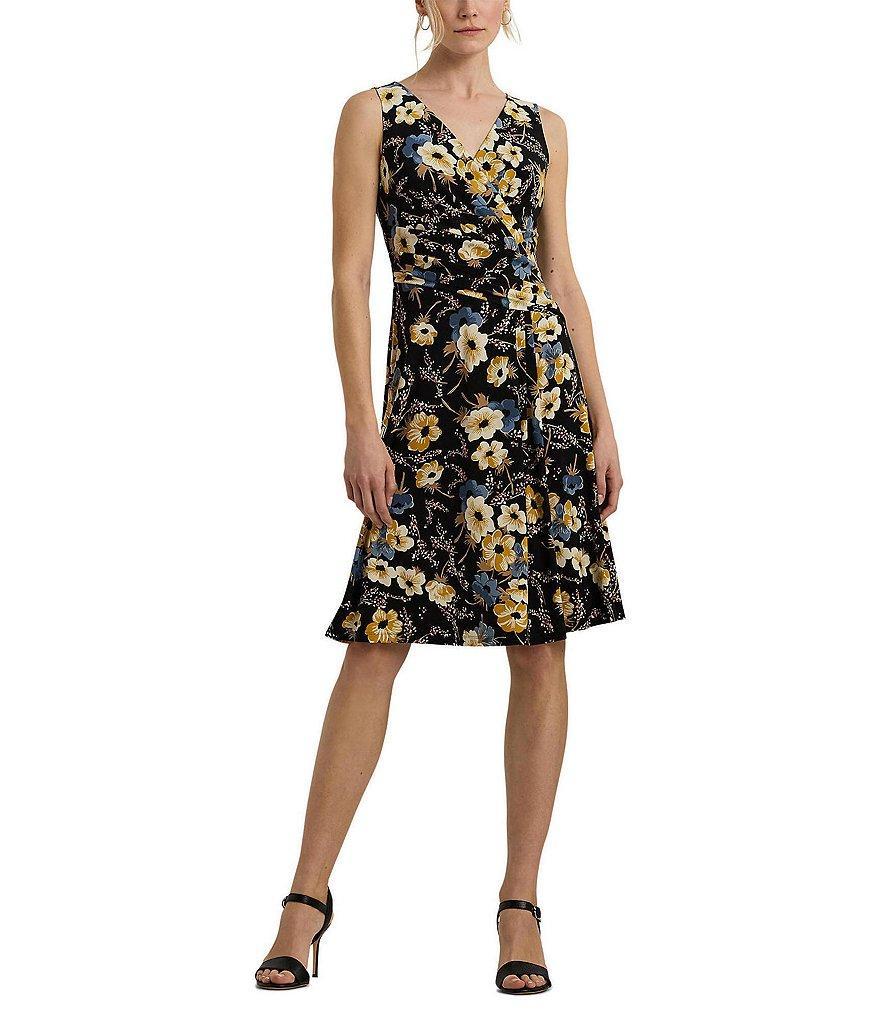 Lauren Ralph Lauren Afara Floral Jersey Surplice V-Neck Sleeveless Wrap Front Midi Dress Product Image