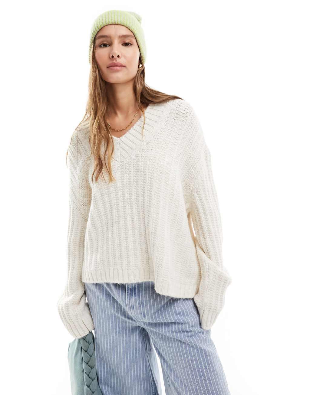 ASOS DESIGN v neck sweater in cream Product Image