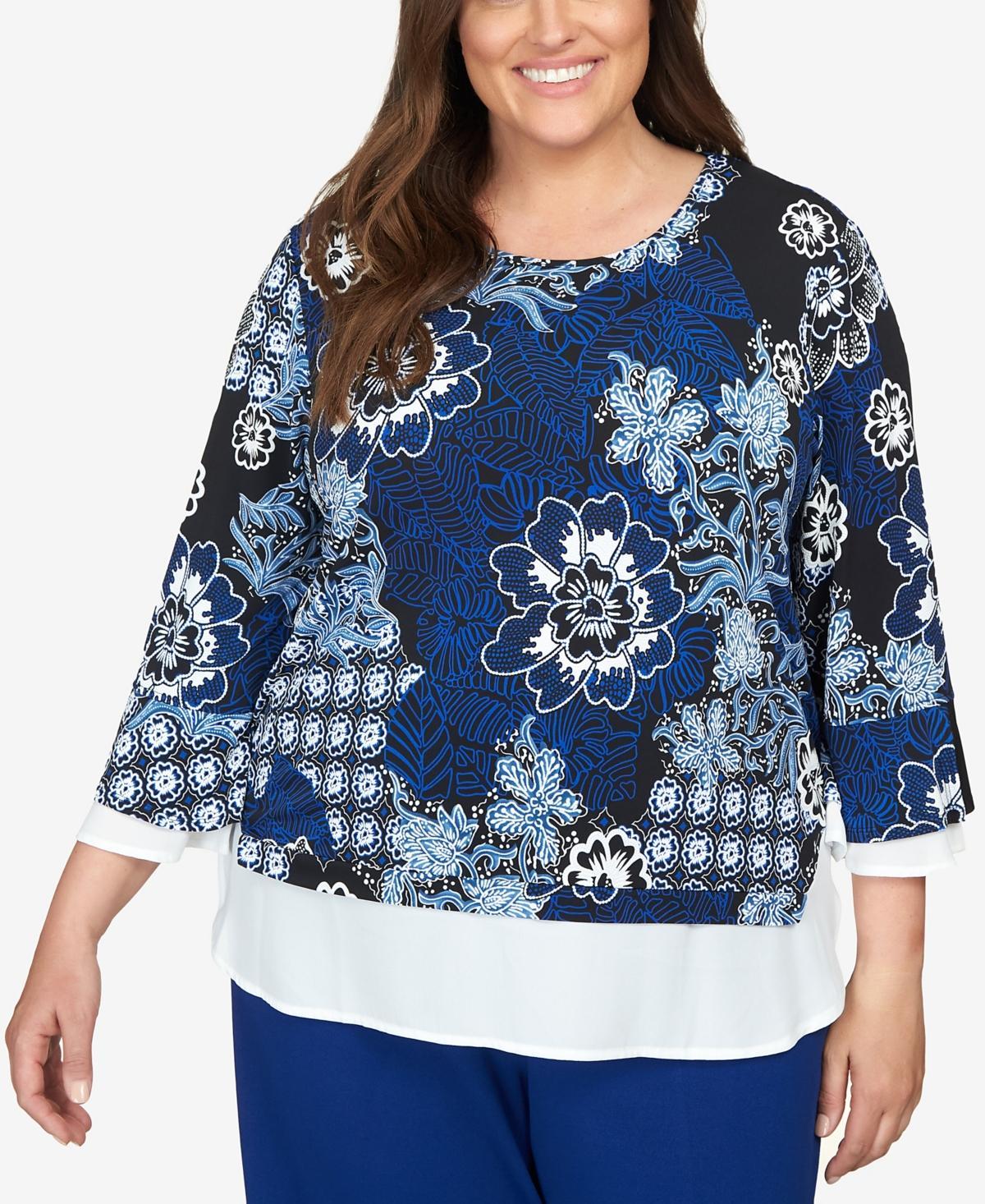 Alfred Dunner Plus Size Downtown Vibe Floral Flutter Sleeve Top with Woven Trim Product Image