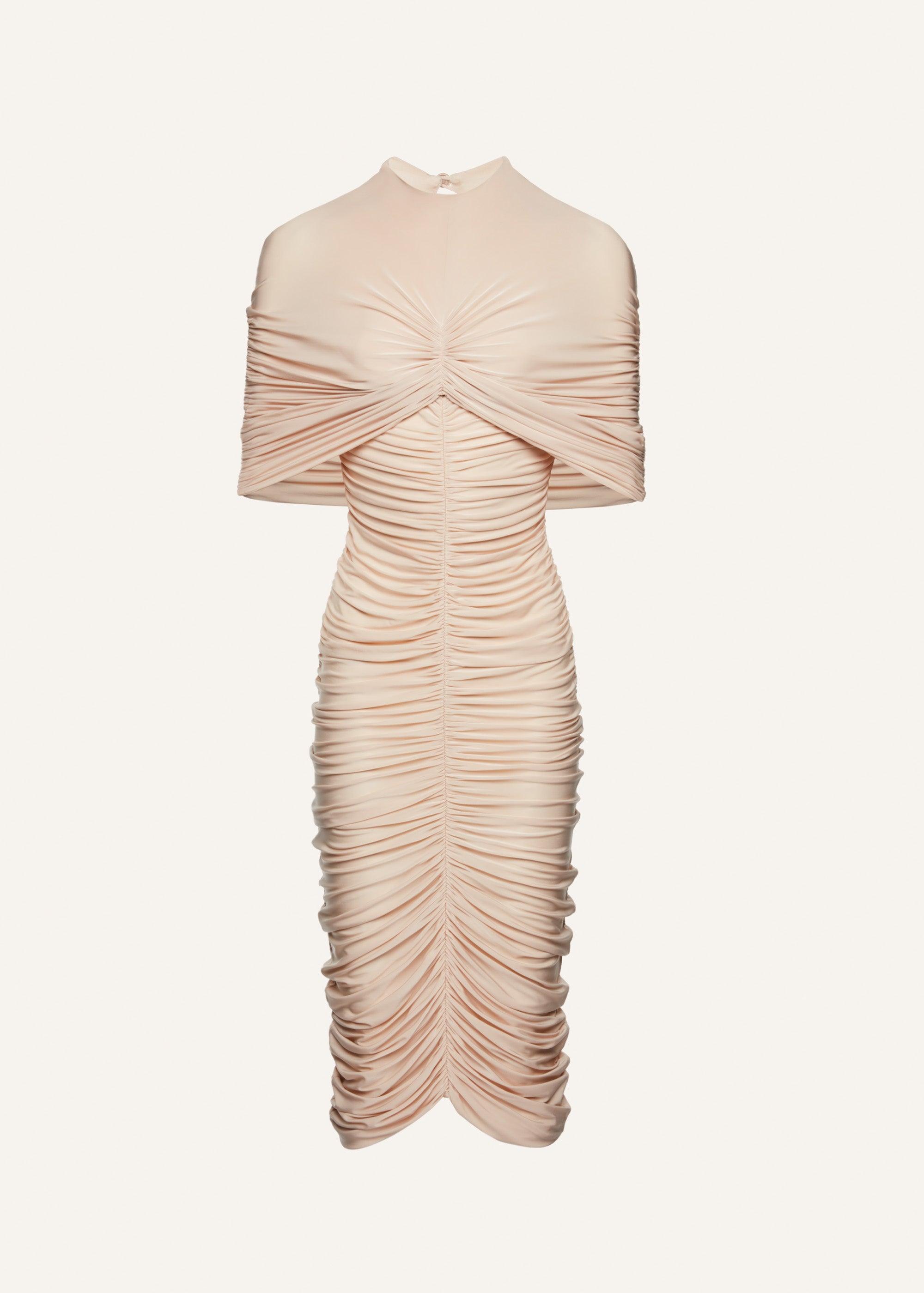 Ruched cape midi dress in beige Product Image