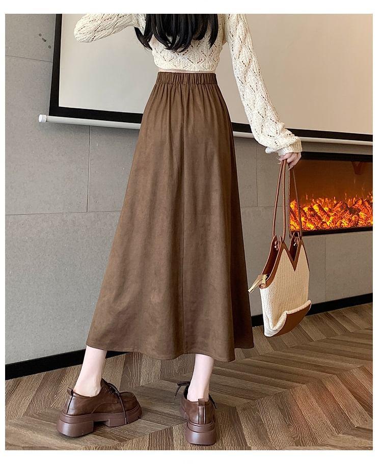 High Waist Plain Faux Suede Midi A-Line Skirt Product Image