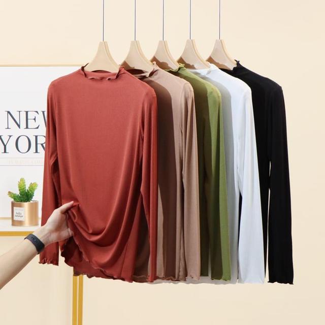 Long-Sleeve Mock Neck Plain Lettuce Edge Slim Fit Tee Product Image