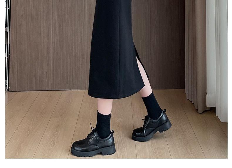 High Waist Plain Slit Midi A-Line Skirt Product Image