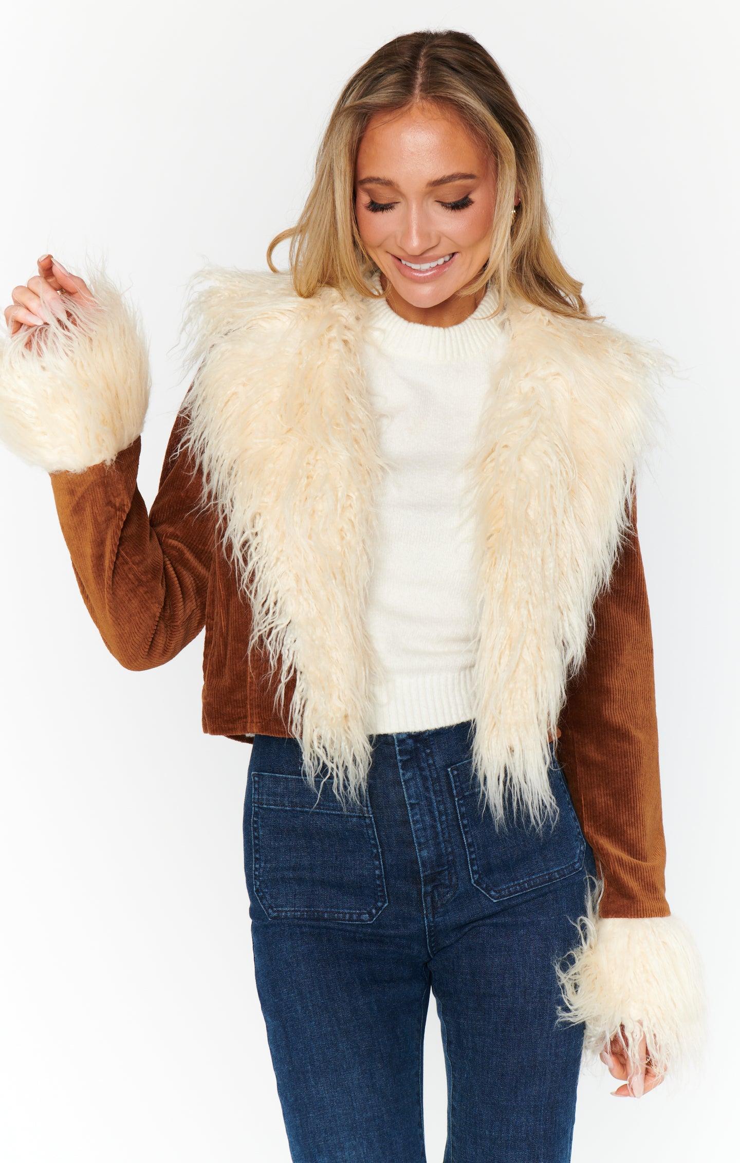 Penny Lane Cropped Coat ~ Saddle Brown Cord w/Faux Fur Product Image