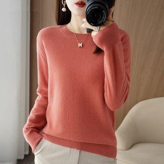 Long-Sleeve Round Neck Plain Knit Top Product Image