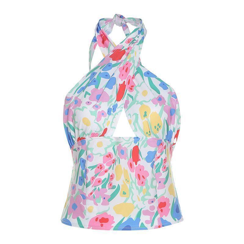 Floral Print Cross-Strap Cropped Halter Top Product Image