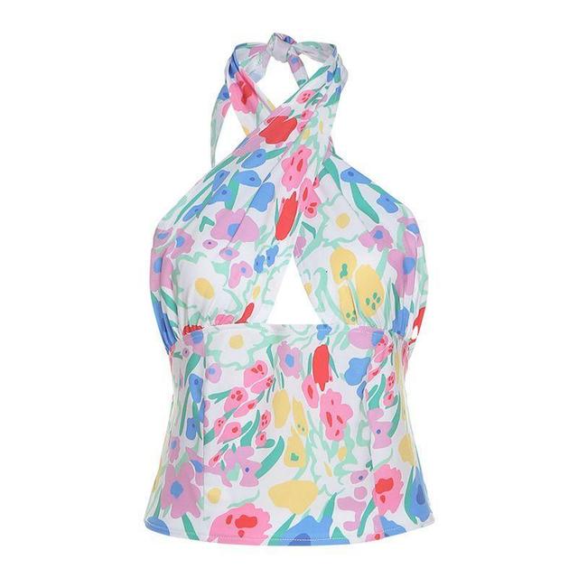 Floral Print Cross-Strap Cropped Halter Top Product Image