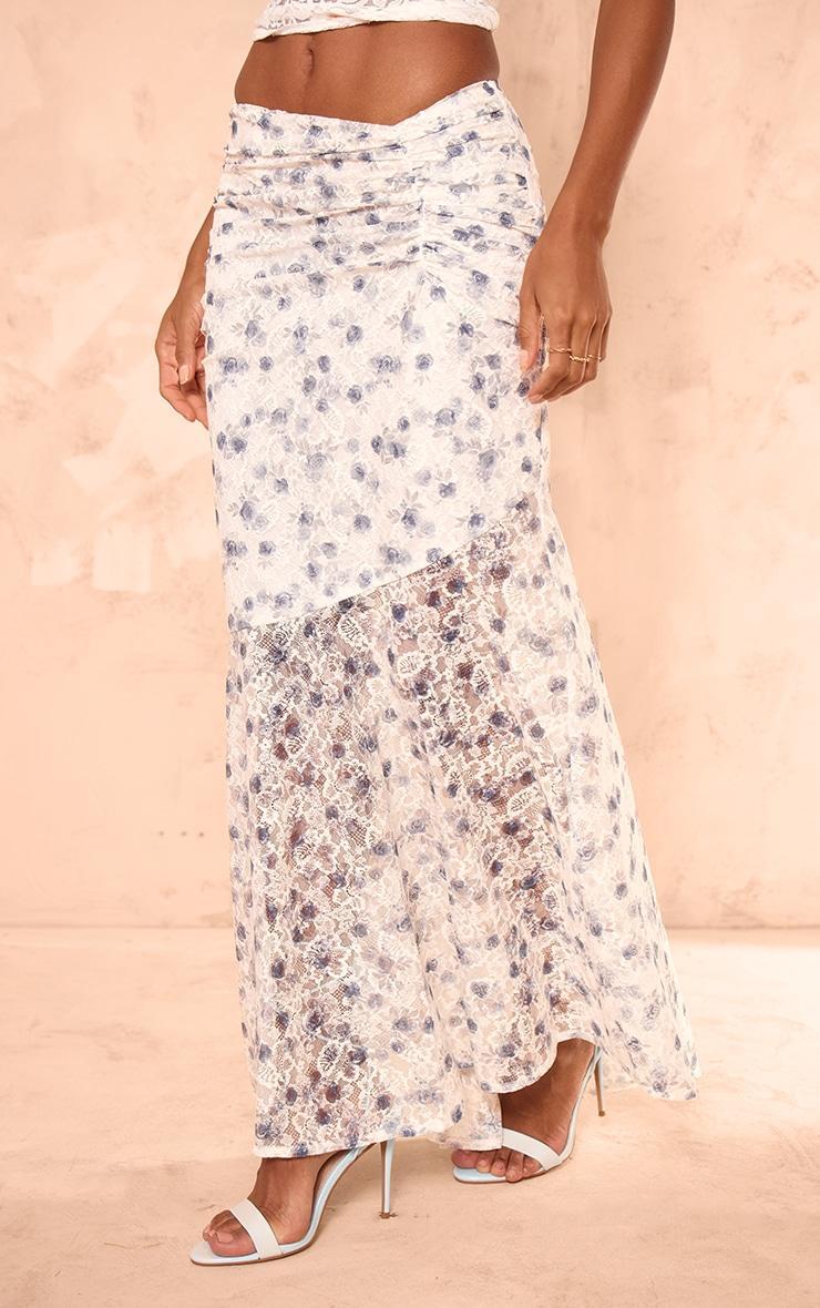 Dusty Blue Floral Printed Lace Frill Hem Maxi Skirt Product Image