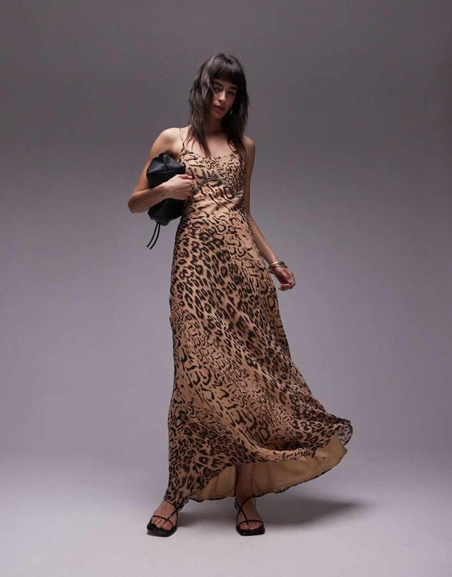 Topshop animal embellished maxi slip dress in brown Product Image