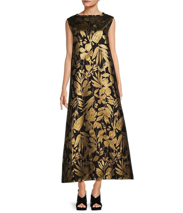 Bryn Walker Twiggy Duchesse Metallic Floral Print Round Neck Sleeveless A-Line Dress Product Image