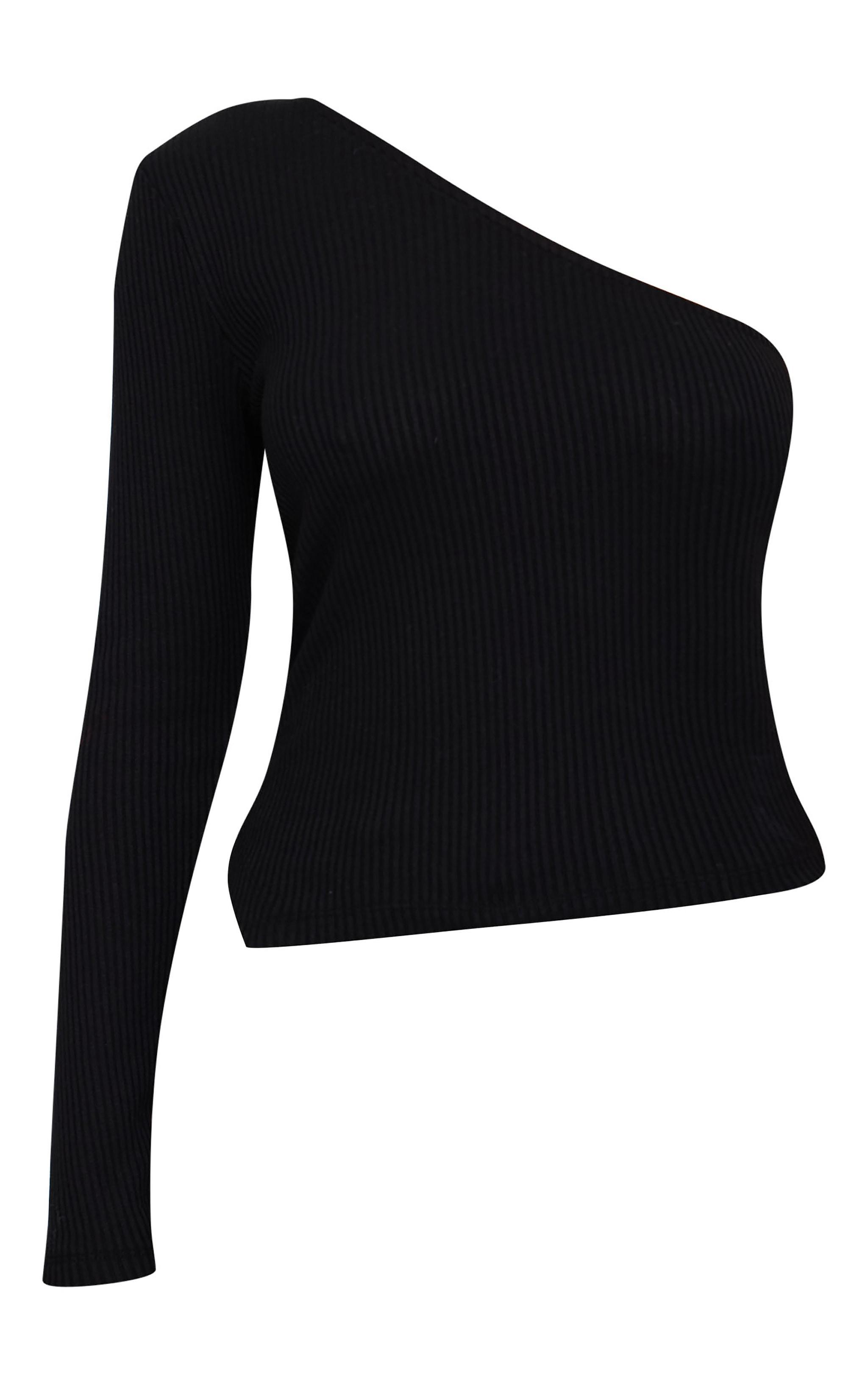 Petite Black Ribbed One Shoulder Top Product Image