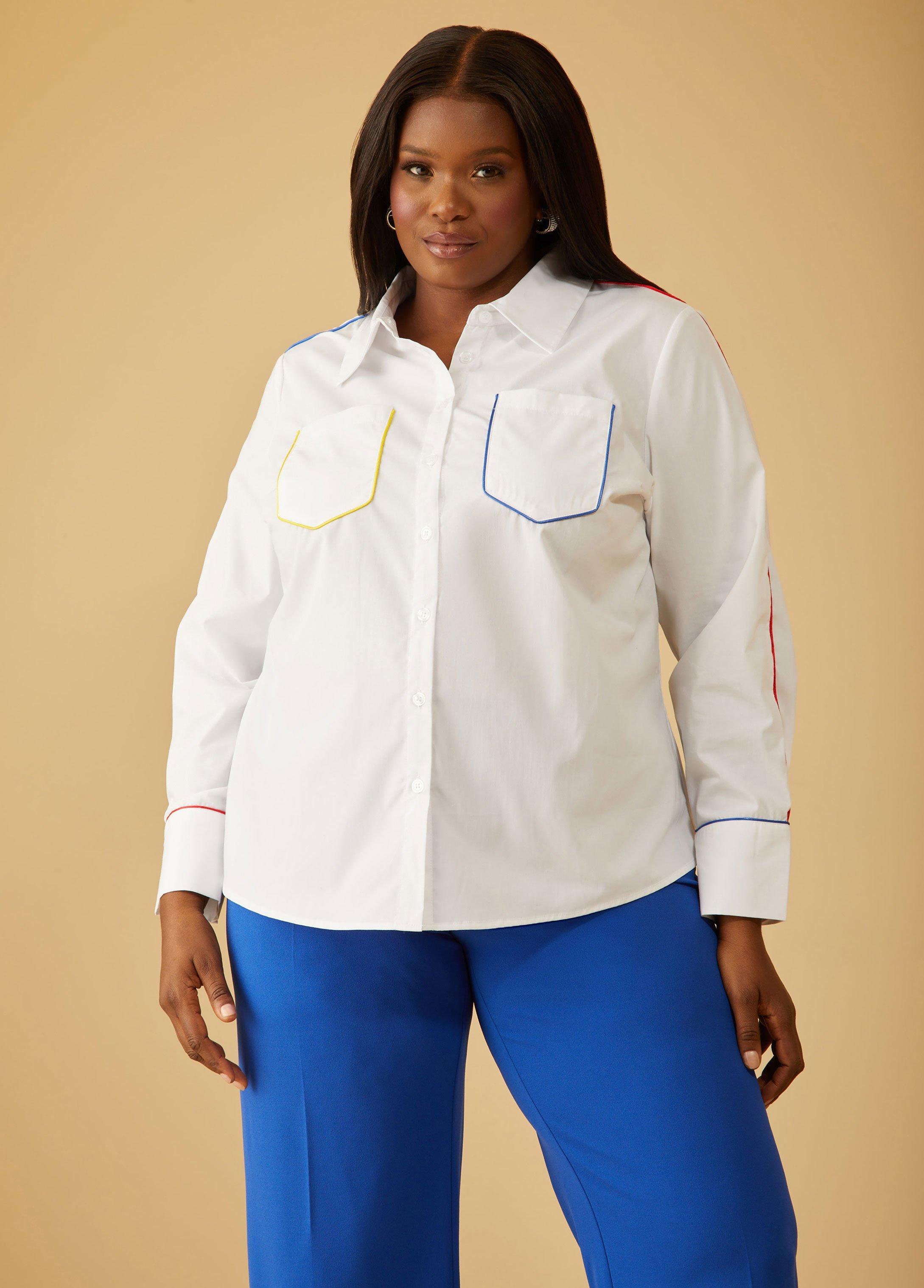 Plus Size Piped Poplin Collared Shirt Ashley Stewart Product Image