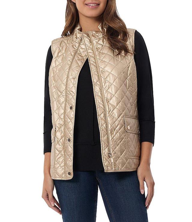 Jones New York Metallic Crinkle Pongee Quilted Mock Neck Patch Pocket Vest Product Image