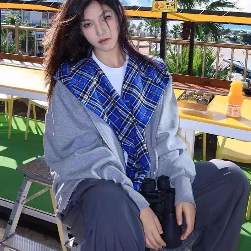 Plaid Panel Mock Two Piece Zip Hoodie Product Image