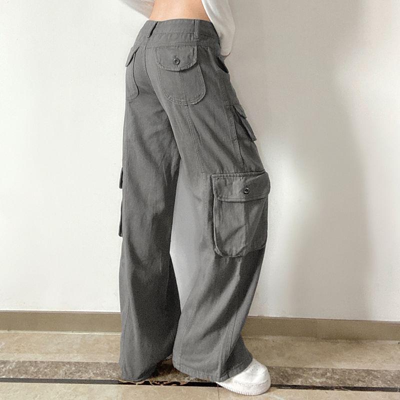 Low Rise Plain Wide-Leg Cargo Jeans Product Image