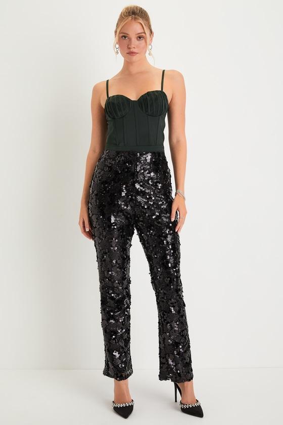 Glittery Charm Black Sequin High Rise Trouser Pants Product Image