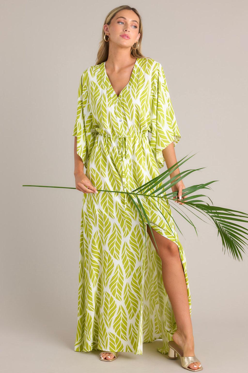 Sunset Palms Lime Green Tropical Print Button Front Maxi Dress Product Image