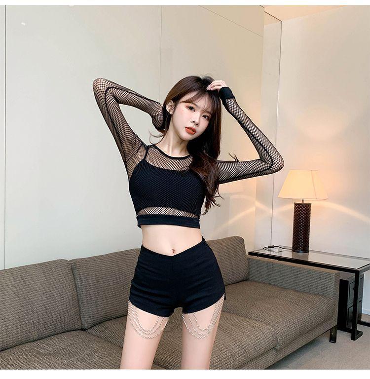 Long-Sleeve Fishnet Crop Top / Chained Hot Pants Product Image