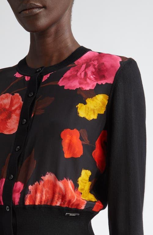 Wool Cropped Floral-printed Cardigan In Black Product Image