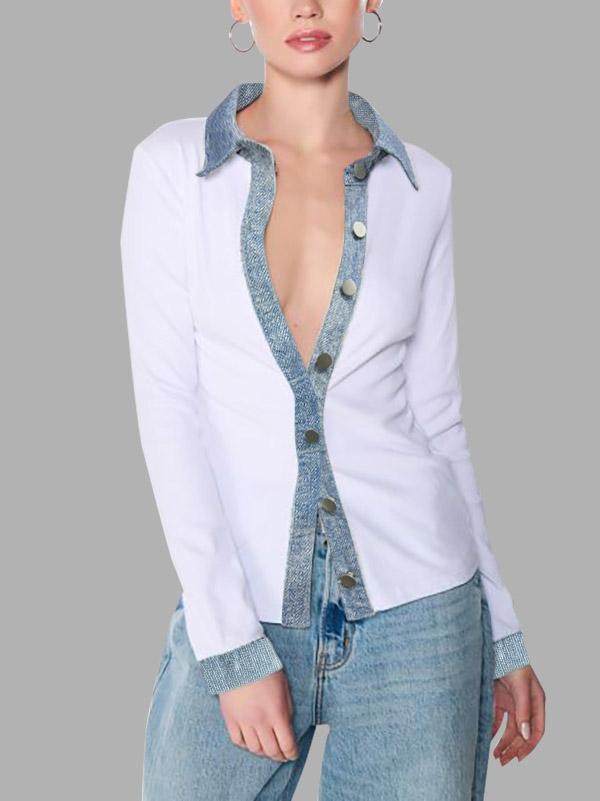 Long Sleeves Skinny Buttoned Split-Joint Lapel Blouses&Shirts Tops Product Image