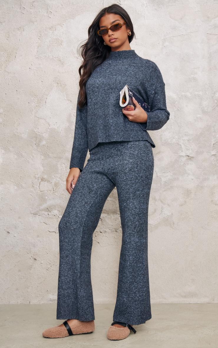  Charcoal Blue Luxe Knit  Wide Leg Pants Product Image