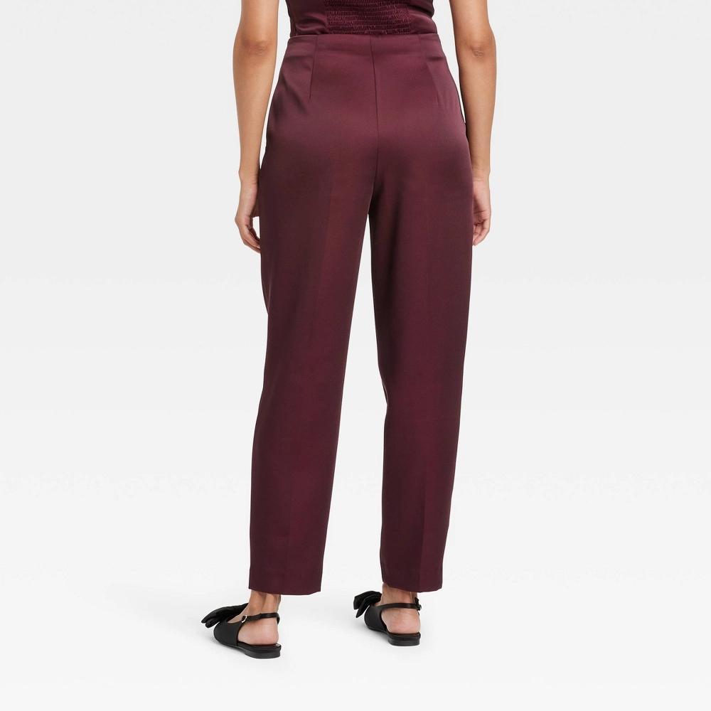 Women's Super-High Rise Tapered Ankle Tailored Satin Trousers - A New Day™ Burgundy 2 Product Image