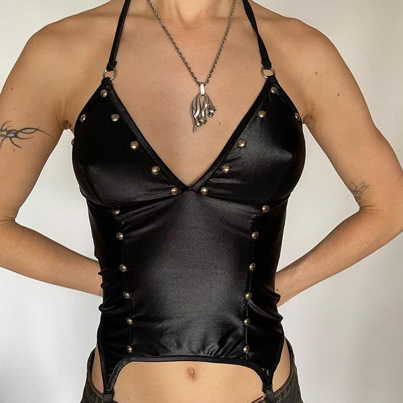 Halter Neck Faux Leather Crop Top Product Image