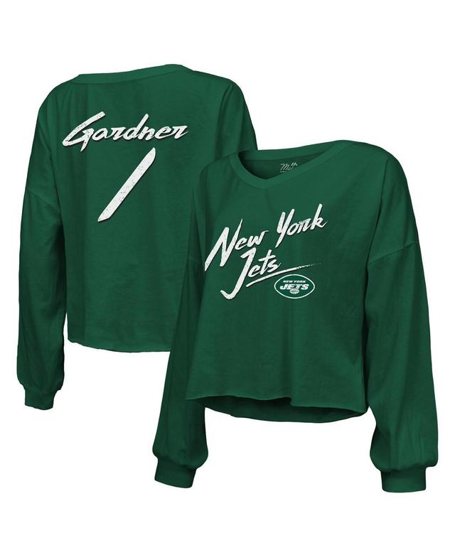 Womens Majestic Threads Sauce Gardner Green New York Jets Name and Number Off-Shoulder Script Cropped Long Sleeve V-Neck T-shirt Product Image