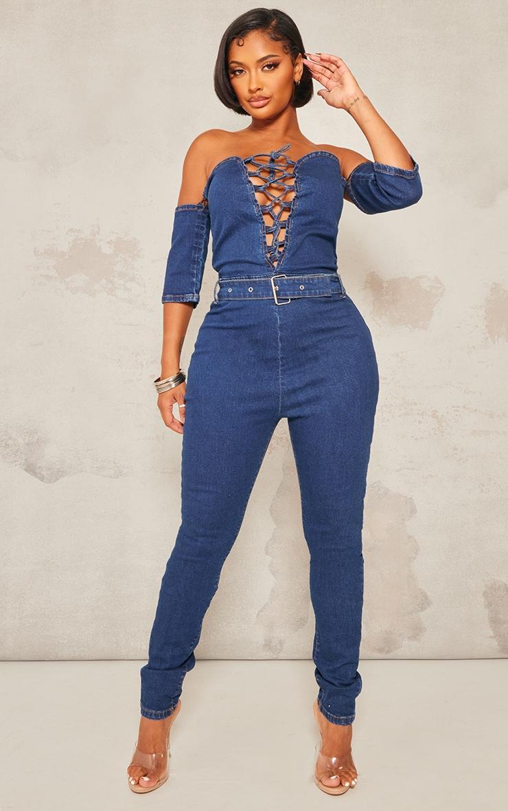 Shape Mid Blue Wash Lace Up Bardot Stretch Denim Jumpsuit Product Image