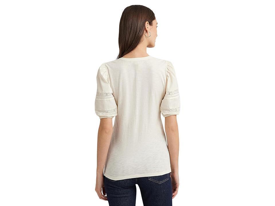 Lauren Ralph Lauren Lace-Trim Jersey Puff-Sleeve Henley Tee (Mascarpone Cream) Women's Sweater Product Image