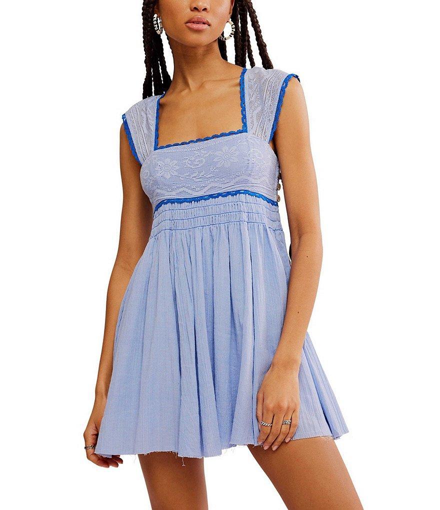 Free People Heartland Lace Contrast Trim Square Neck Tie Back Sleeveless A-Line Mini Dress Product Image