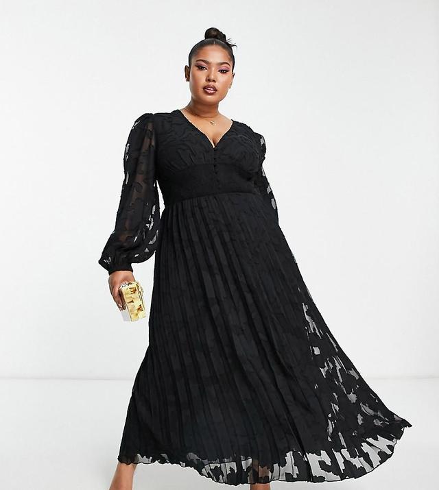 ASOS DESIGN Curve burnout button through shirred waist pleated midi dress in black Product Image