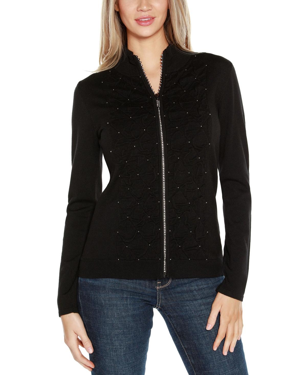 Belldini Black Label Womens Rhinestone-Zip Embellished Cardigan Sweater Product Image