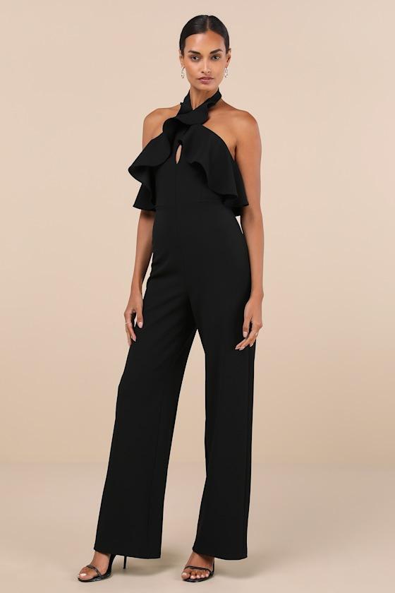 Elegant Flair Black Ruffled Wide-Leg Halter Jumpsuit Product Image