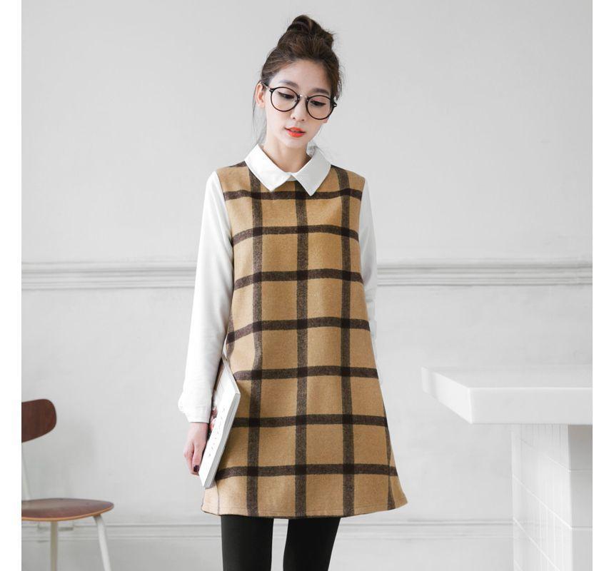 Mock Two-Piece Long-Sleeve Collar Plaid Panel A-Line Dress product image