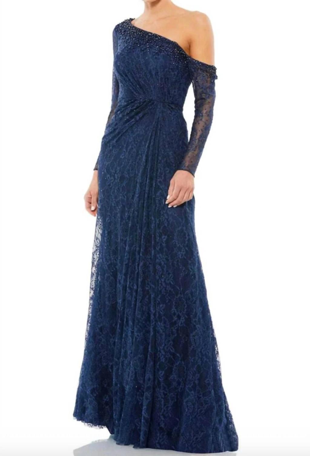 Sequin Lace One-shoulder A-line Gown In Navy Product Image