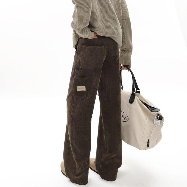 Mid Rise Plain Corduroy Straight Leg Cargo Pants Product Image