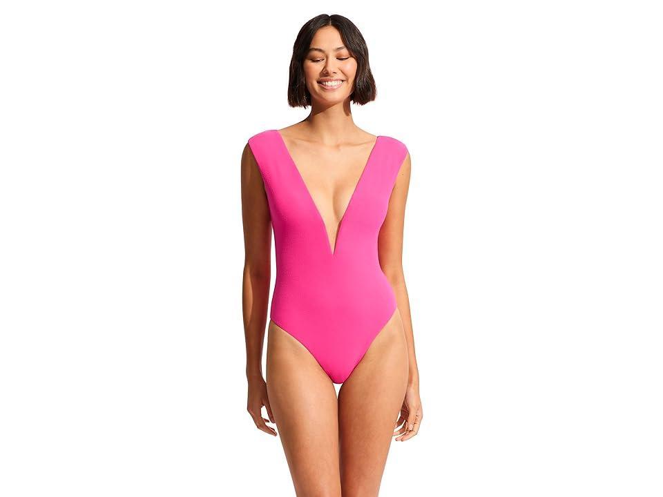 Seafolly Coco Beach Cap Sleeve V Wire One-Piece (Fuchsia Rose) Women's Swimsuits One Piece Product Image