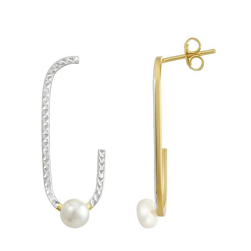 Two Tone Sterling Silver Freshwater Cultured Pearl J-Hoop Earrings, Womens, White Product Image