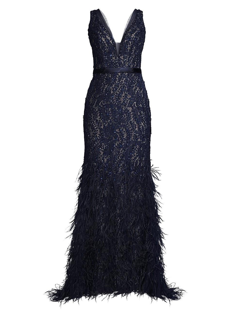 Womens Feather Embellished Plunge V-Neck Gown product image