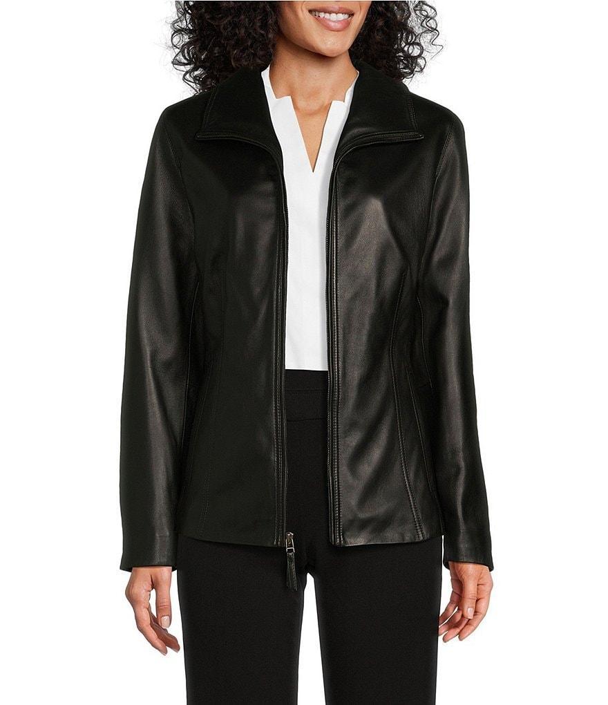 Investments Genuine Lamb Leather Long Sleeve Wing Collar Zip Front Jacket Product Image