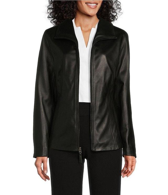 Investments Petite Size Genuine Lamb Leather Long Sleeve Wing Collar Zip Front Jacket Product Image