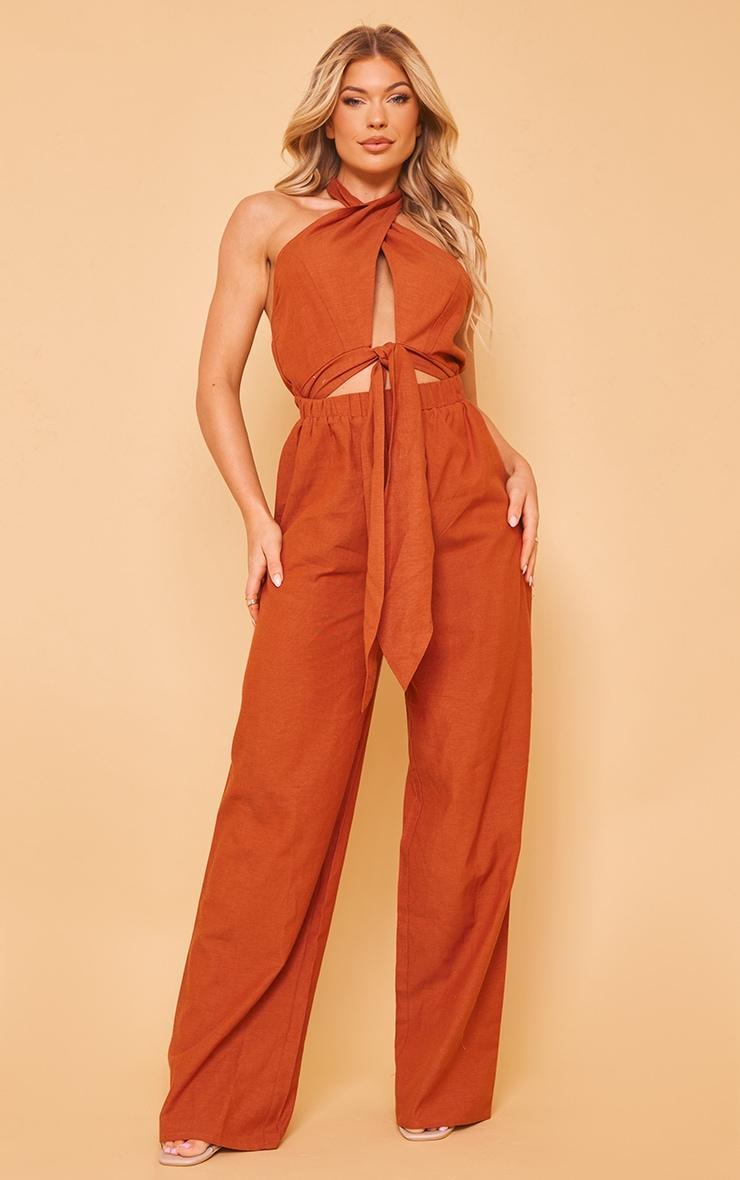 Rust Linen Look Cross Halter Detail Cut Out Jumpsuit Product Image