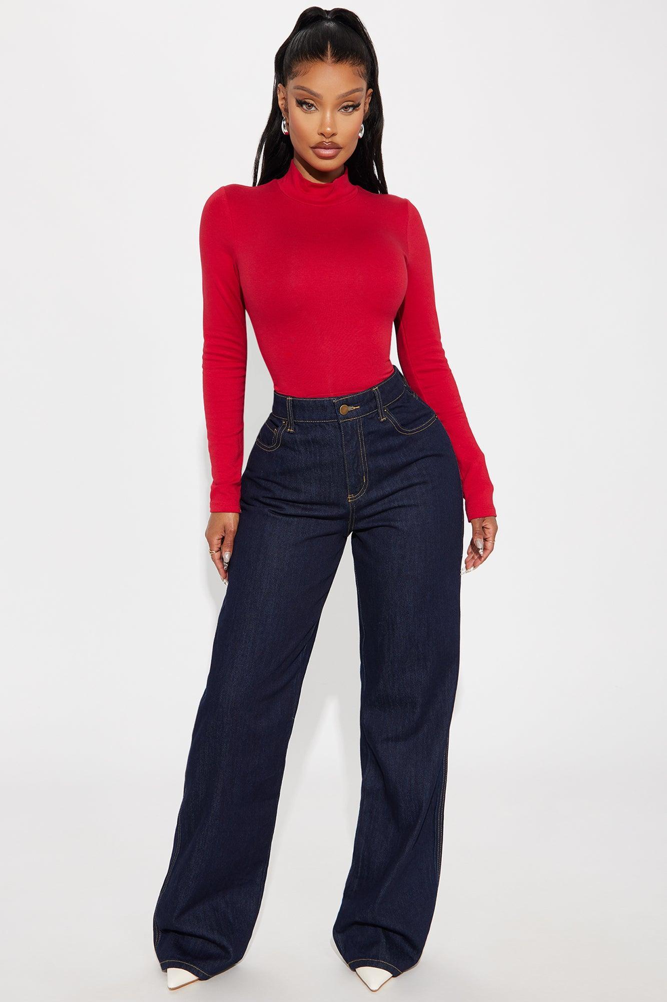 Sabrina Mock Neck Long Sleeve Top - Red Product Image